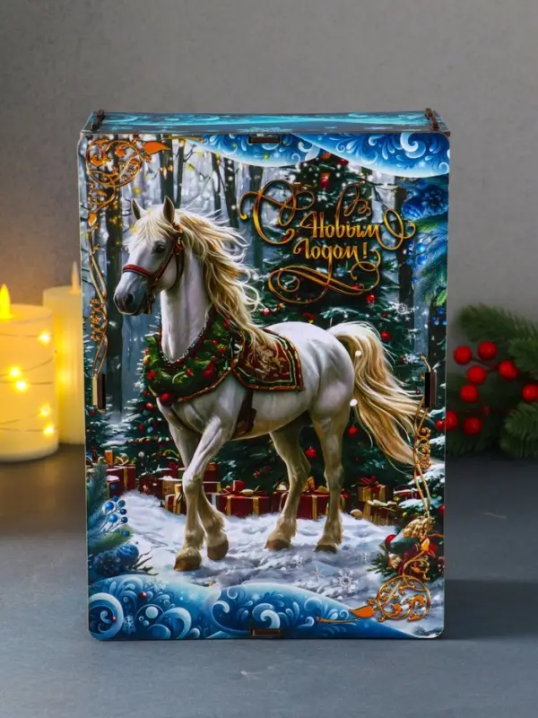 Шкатулка-ящик  самосборный большой  с символом года "Белая лошадь на голубом",  28х19,5х11 см 109035