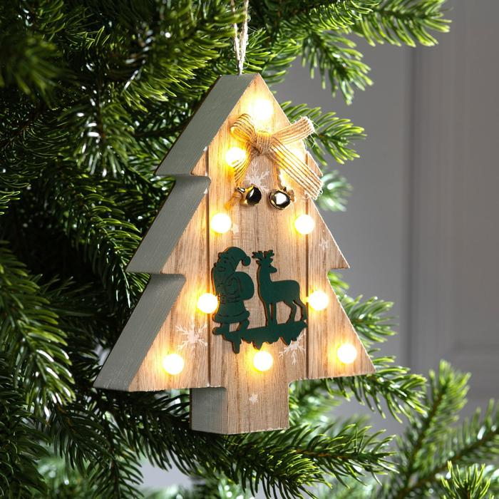 Ёлочная игрушка «Ёлочка с Дедом Морозом и оленем», от батареек, свечение тёплое белое Ёлочная игрушка «Ёлочка с Дедом Морозом и оленем», от батареек, свечение тёплое белое