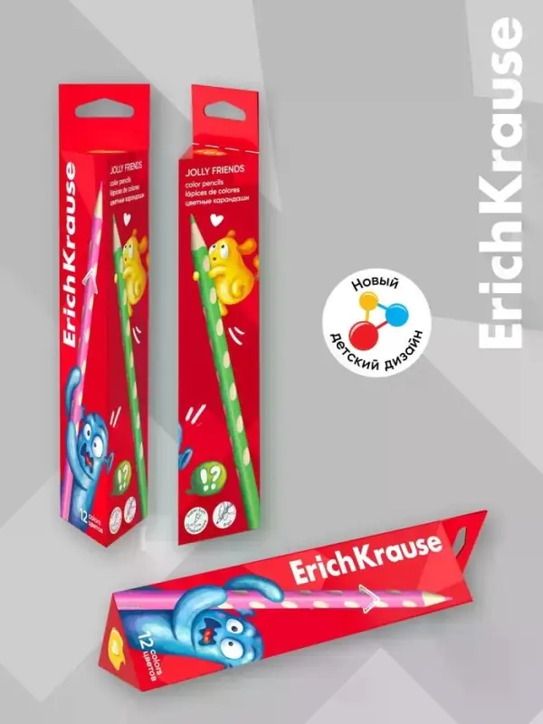 Карандаши 12 цветов ErichKrause Jolly Friends дерево, трехгранные, 3 мм, в коробке
