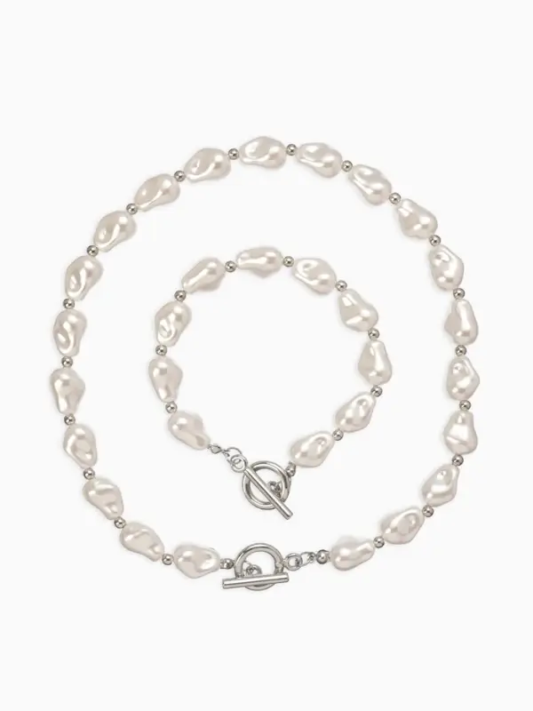 Набор 2 пред-та: бусы,браслет "Жемчуг барочный", капля, 40/18см, цвет белый в серебре