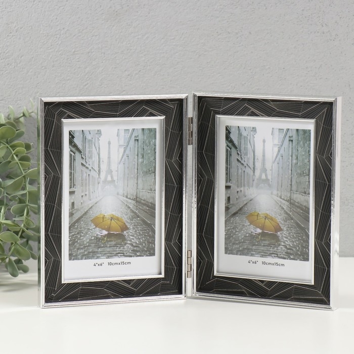 Фоторамка пластик на 2 фото 10х15 см Фоторамка пластик на 2 фото 10х15 см "Абстракция из линий на чёрном" серебро