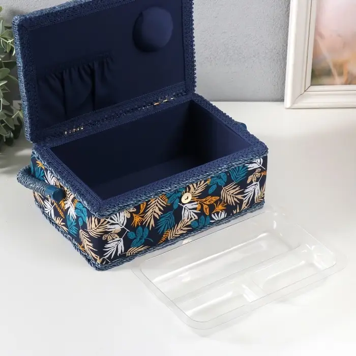 Шкатулка для рукоделия и шитья &laquo;Лесные веточки на синем&raquo;, хранение ниток, иголок, мелочи, 24&times;16&times;11 см