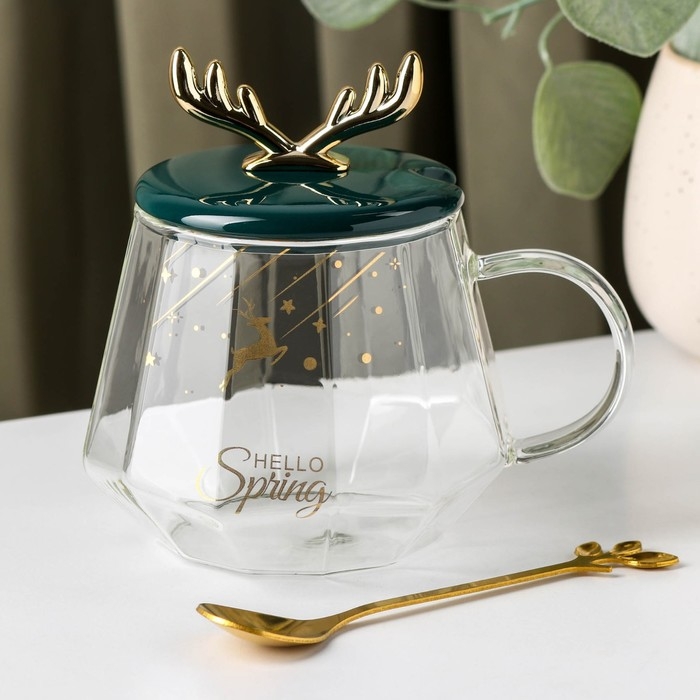 Кружка стеклянная с керамической крышкой и ложкой «Бэмби», 350 мл, рисунок МИКС Кружка стеклянная с керамической крышкой и ложкой «Бэмби», 350 мл, рисунок МИКС