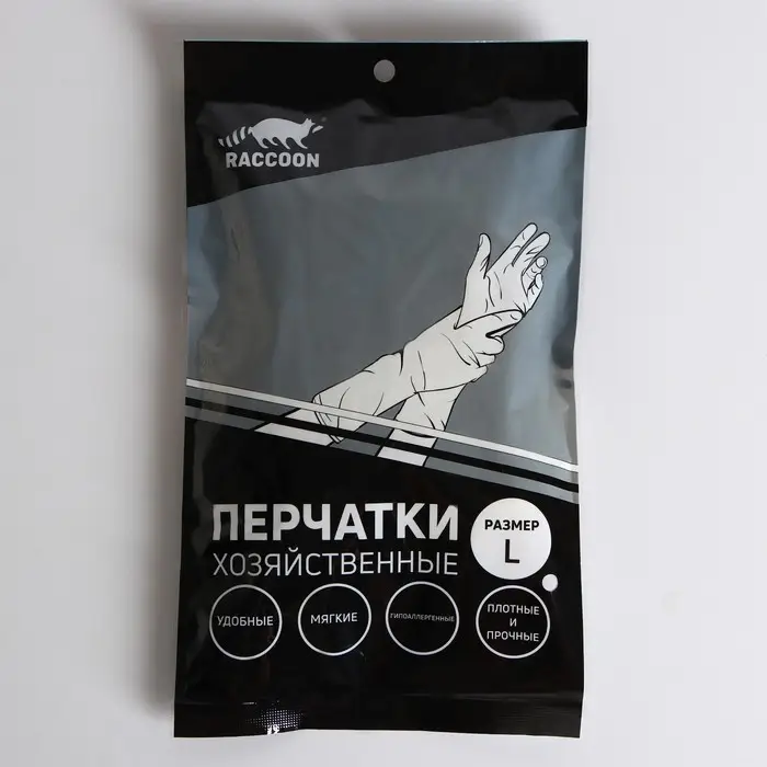 Перчатки хозяйственные Raccoon, ПВХ, 70 гр, размер L, цвет белый Перчатки хозяйственные Raccoon, ПВХ, 70 гр, размер L, цвет белый