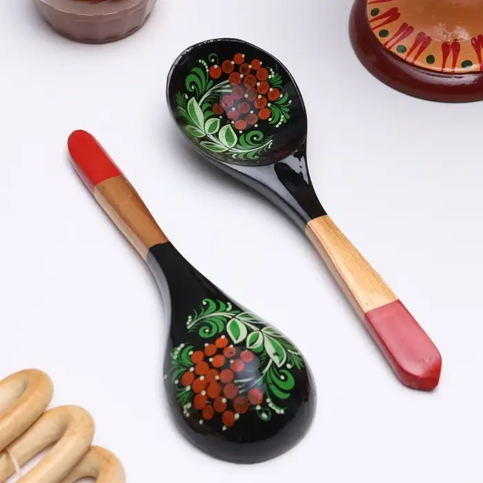 Ложка деревянная &laquo;Чернушка&raquo;, с плоским черенком, 20.2&times;6.2 см, хохлома, ручная роспись