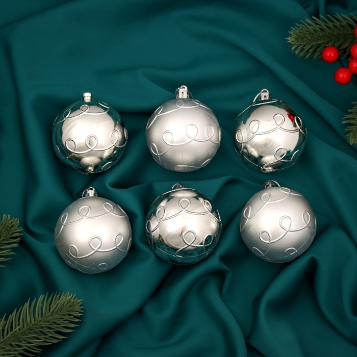 Набор шаров пластик d-6 см, 6 шт "Вензеля" серебро