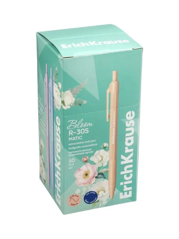 Ручка шариковая автоматическая ErichKrause R=305 Matic Pastel bloom, узел 0.7 мм, синяя, 4 В