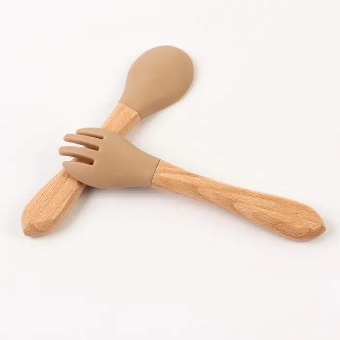 Набор детский столовых приборов, вилка и ложка M&B (силикон, бамбук), бежевый