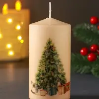 Свеча столб 50х100мм с декором, мишка, бежевая Свеча столб 50х100мм с декором, мишка, бежевая