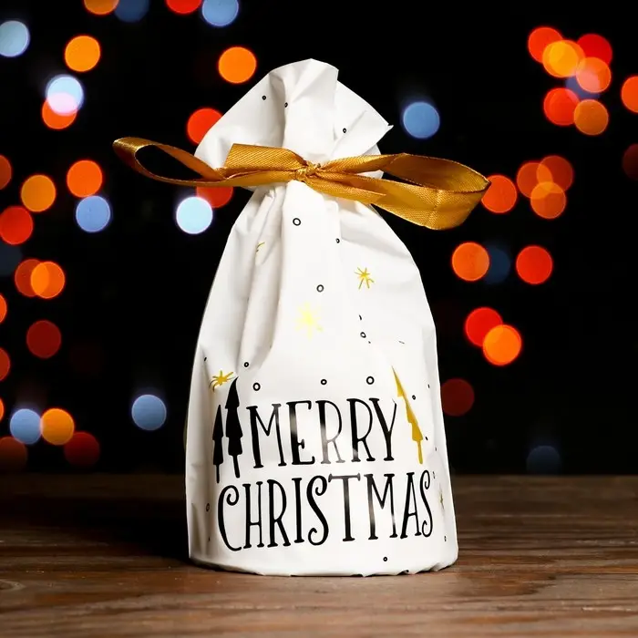 Пакет полиэтиленовый подарочный, с завязками  Пакет полиэтиленовый подарочный, с завязками "Ёлочки", 15*23см.