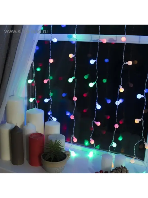 Гирлянда &laquo;Занавес&raquo; 2&times;1.5 м с насадками &laquo;Шарики&raquo;, IP20, прозрачная нить, 360 LED, свечение мульти, 8 режимов, 220 В