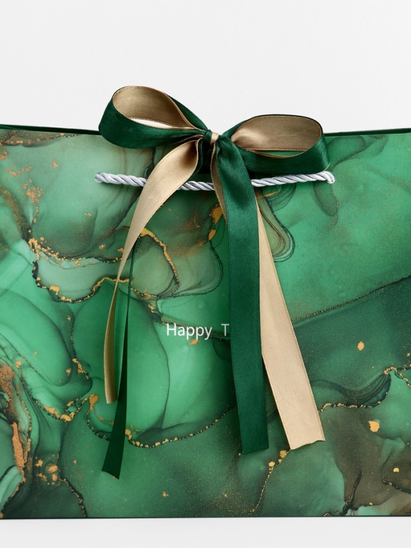 Пакет подарочный ламинированный "Мрамор",зеленый с бантиком, 25 х 20 х 12 см