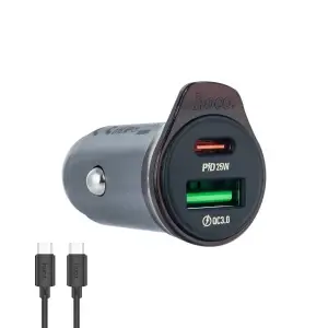 Автомобильное зарядное устройство NZ16A HOCO с кабелем Type-C на Type-C PD25W + USB QC3.0 серый металлик
