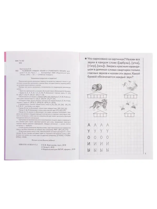 Рабочая тетрадь для детей 5-6 лет &laquo;Развиваем навыки чтения и грамотного письма&raquo;, 1 часть, Бортникова Е.