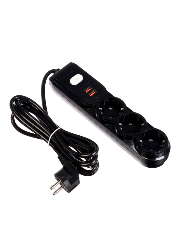 Удлинитель 3 розетки, 3м, 1300 Вт, 3х0.75 мм2, 2 USB-A+USB-C, 2.1А, с з/к, с выкл. Удлинитель 3 розетки, 3м, 1300 Вт, 3х0.75 мм2, 2 USB-A+USB-C, 2.1А, с з/к, с выкл.