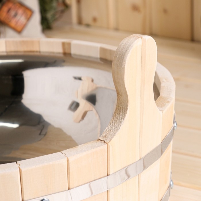 Шайка из липы, 9 л, круглая, нержавеющая вставка, Шайка из липы, 9 л, круглая, нержавеющая вставка, "Добропаровъ"