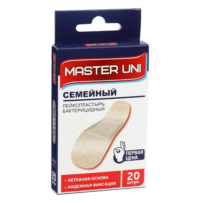 MASTER UNI  Лейкопластырь бактерицидный  MASTER UNI  Лейкопластырь бактерицидный "Семейный"  на нетканной основе 20 шт