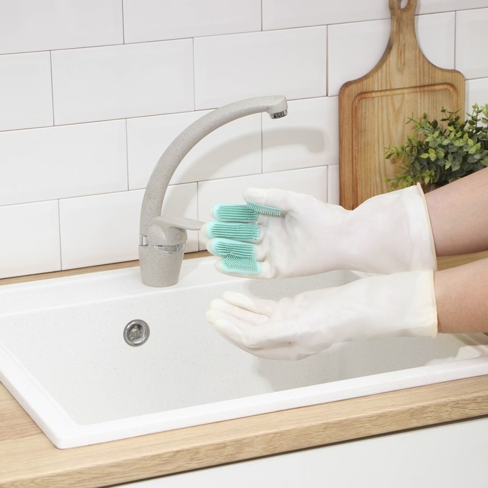 Перчатки хозяйственные Raccoon с щётками и подкладом, ПВХ, 100 гр, размер L, цвет белый Перчатки хозяйственные Raccoon с щётками и подкладом, ПВХ, 100 гр, размер L, цвет белый