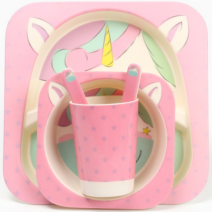 Набор бамбуковой посуды «Единорожка», тарелка, миска, стакан, приборы, 5 предметов Набор бамбуковой посуды «Единорожка», тарелка, миска, стакан, приборы, 5 предметов