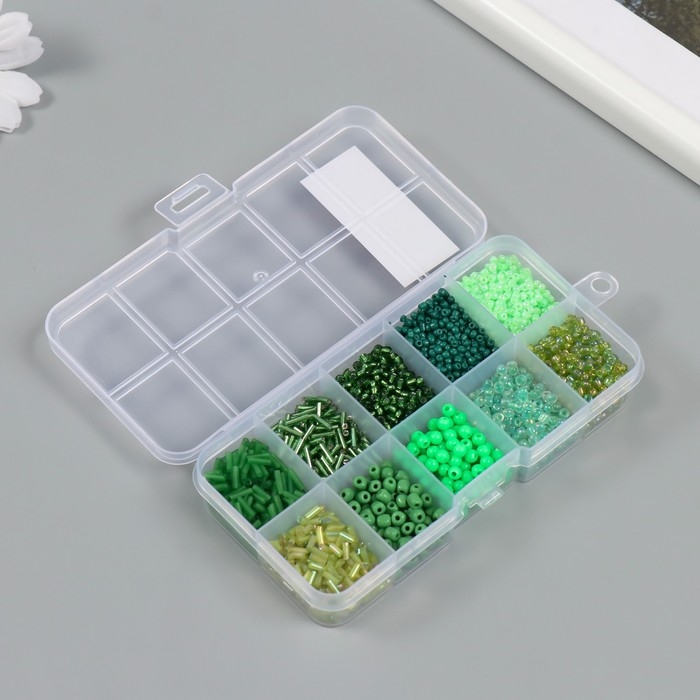 Бисер стекло 2/0, 6/0, 8/0, 12/0 в шкатулке  Бисер стекло 2/0, 6/0, 8/0, 12/0 в шкатулке "Зелёный" стеклярус 12,5х6,5х2 см