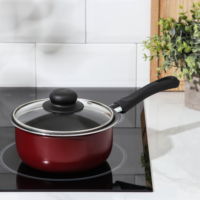 Ковш «Эксперт», 1,3 л, d=16 см, стеклянная крышка, пластиковая ручка, антипригарное покрытие, цвет бордовый Ковш «Эксперт», 1,3 л, d=16 см, стеклянная крышка, пластиковая ручка, антипригарное покрытие, цвет бордовый