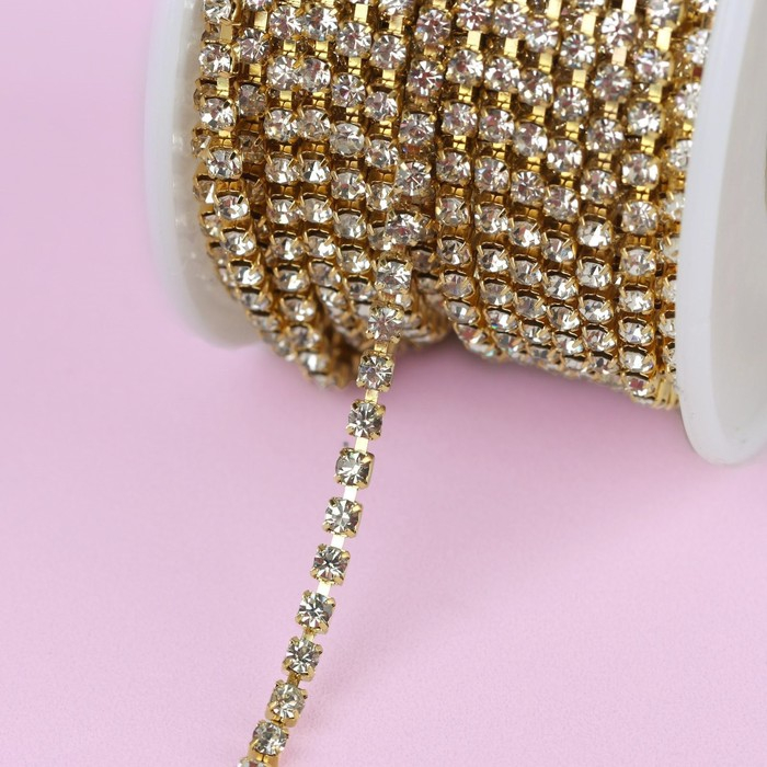 Цепь со стразами, металл, стекло, 2 мм, 9 ± 1 м, цвет золотой Цепь со стразами, металл, стекло, 2 мм, 9 ± 1 м, цвет золотой