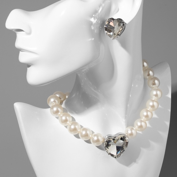 Набор 2 предмета; серьги, колье «Сердце» крупный жемчуг, цвет белый в серебре Набор 2 предмета; серьги, колье «Сердце» крупный жемчуг, цвет белый в серебре