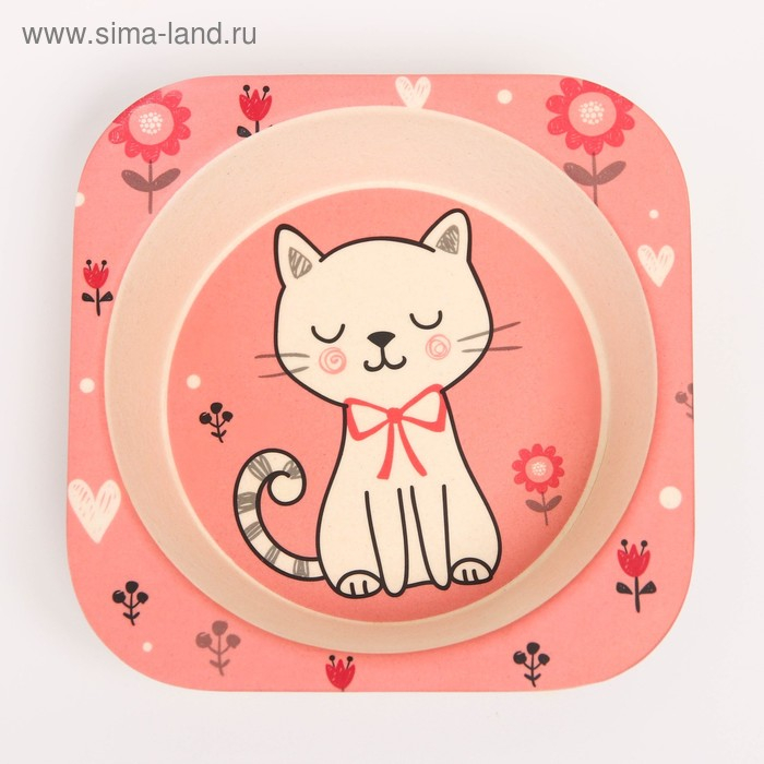 Набор детской бамбуковой посуды «Кошечка», тарелка, миска, стакан, приборы, 5 предметов Набор детской бамбуковой посуды «Кошечка», тарелка, миска, стакан, приборы, 5 предметов