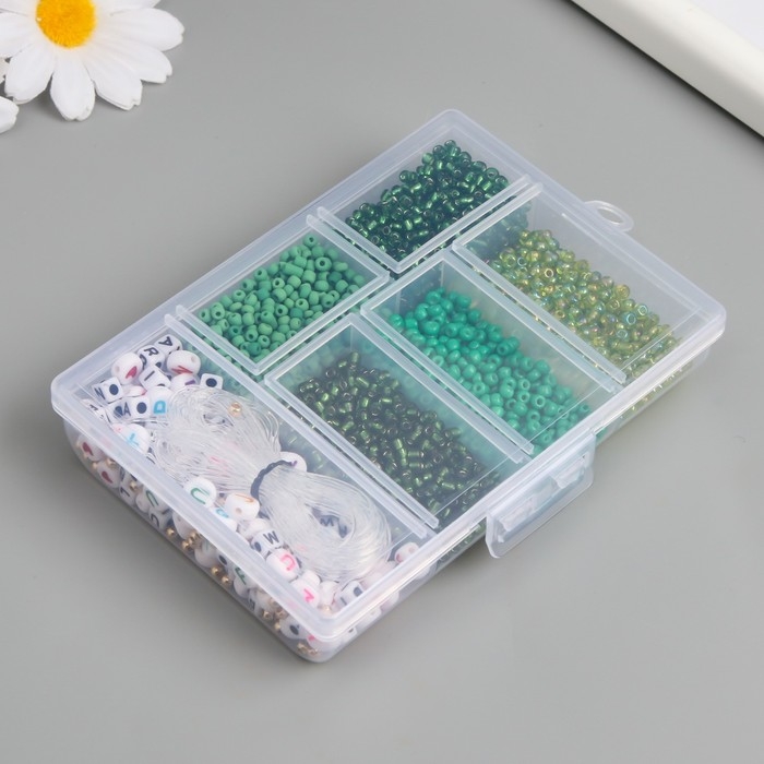 Бисер стекло 8/0 в шкатулке  Бисер стекло 8/0 в шкатулке "Зелёный" бусины + нить 0,8 мм 5 м 12х8,4х2,2 см