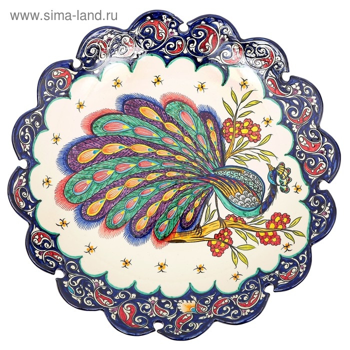 Ляган Риштанская Керамика  Ляган Риштанская Керамика "Жар птица", 42 см, синий, рифлённый