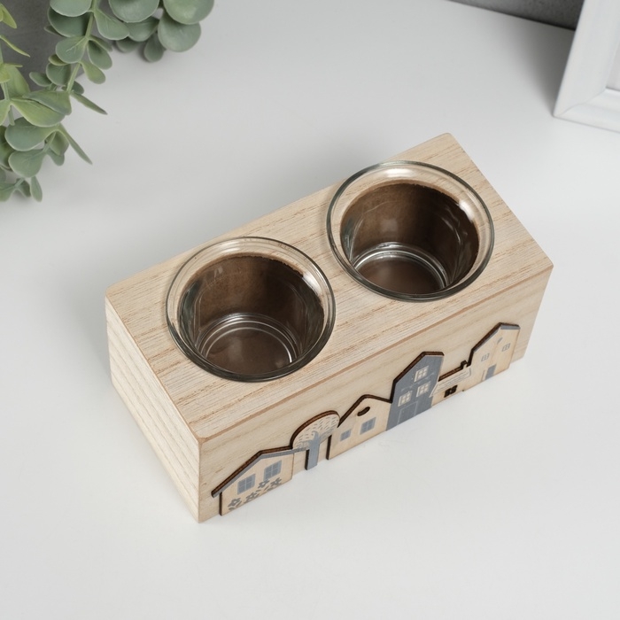 Подсвечник дерево на 2 свечи  Подсвечник дерево на 2 свечи "Домики" d=4 см 7,7х15,5х8 см