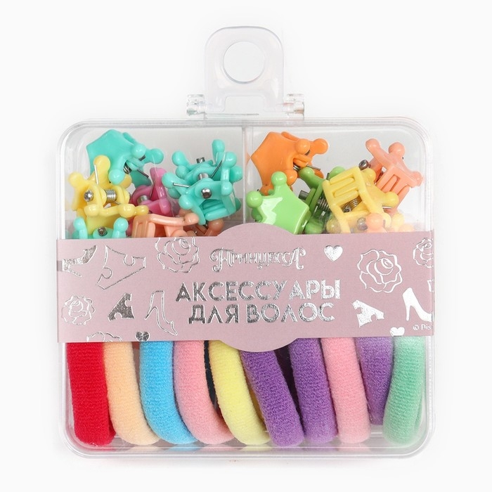 Набор подарочный, резинка для волос 10 шт, заколка крабик 12 шт, Принцессы Набор подарочный, резинка для волос 10 шт, заколка крабик 12 шт, Принцессы