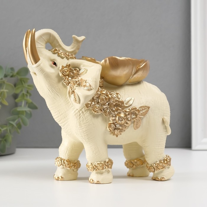 Сувенир полистоун Сувенир полистоун "Бежевый слон с золотым цветком" 18х14х19 см