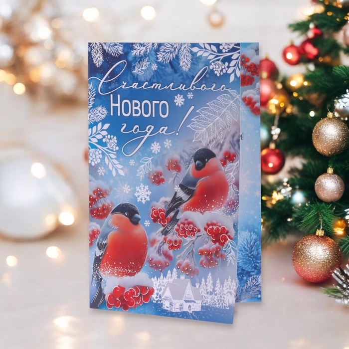 Открытка Открытка "Счастливого Нового Года!" тиснение, снегири, 18 х 12 см