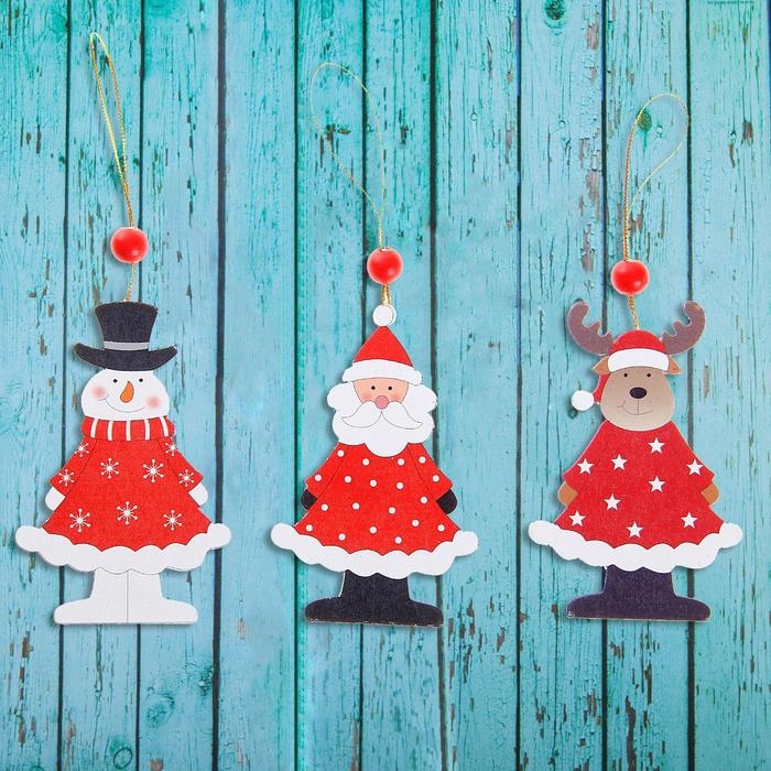 Подвеска новогодняя деревянная «Новогодние гости», односторонняя, МИКС Подвеска новогодняя деревянная «Новогодние гости», односторонняя, МИКС