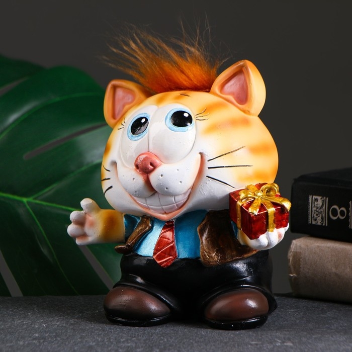 Копилка Копилка "Котик с подарком" рыжий чуб 14х12х16см