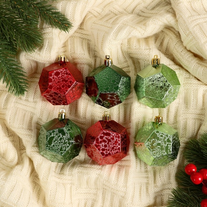 Набор шаров пластик d-6 см, 6 шт Набор шаров пластик d-6 см, 6 шт "Эйвери" геометрия грани, зелёный красный