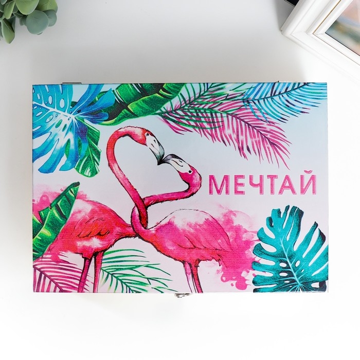 Шкатулка дерево  Шкатулка дерево "Розовые фламинго. Мечтай" кожзам глянец 5,5х24х17 см