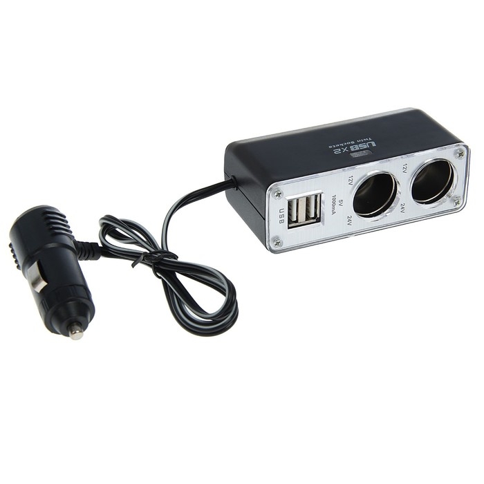 Разветвитель прикуривателя TORSO, 2 гнезда, 2 USB, 12/24 В, провод 65 см Разветвитель прикуривателя TORSO, 2 гнезда, 2 USB, 12/24 В, провод 65 см
