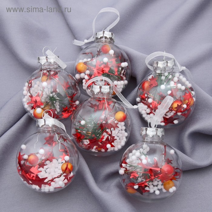 Набор шаров пластик d-6 см, 6 шт Набор шаров пластик d-6 см, 6 шт "Льдинка - звёзды в снегу" прозрачный