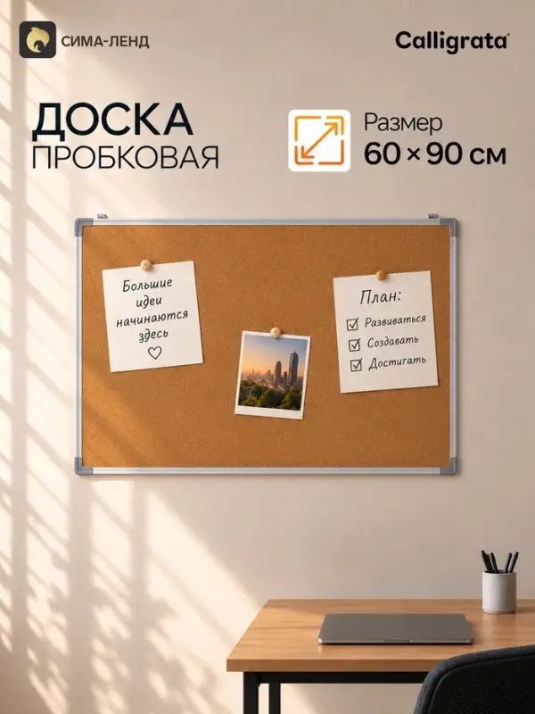 Доска пробковая, 60&times;90 см, в ПВХ рамке, CALLIGRATA