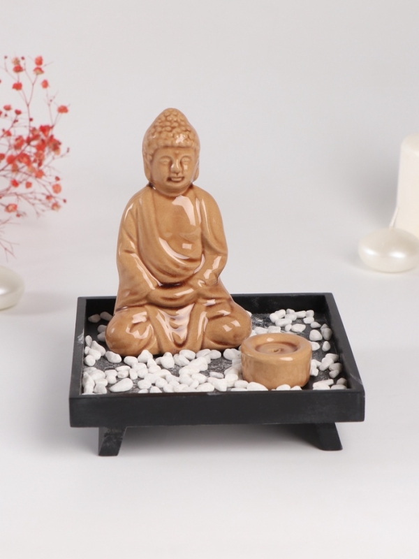 Подставка для благовоний керамика, дерево  Подставка для благовоний керамика, дерево "Будда- медитация" беж 14х14х14,5 см