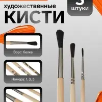 Набор кистей для рисования, белка, 3 штуки: №: 1, 3, 5, Calligrata, круглые, деревянная ручка, в пакете