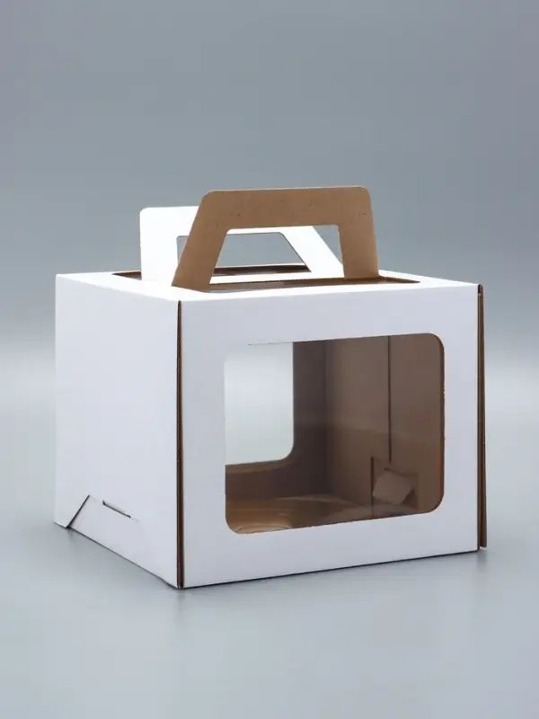 Коробка под торт 2 окна, с ручками, белая, + подложка 2.5 золото - белый, 24&times;24&times;20 см