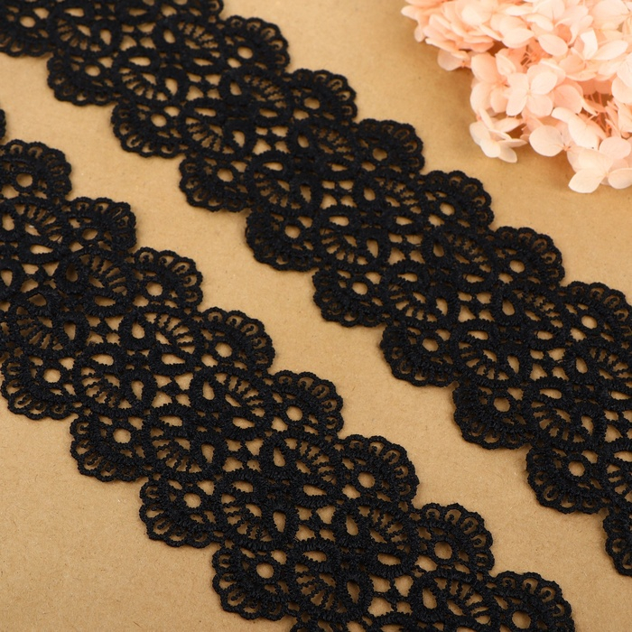 Кружево гипюровое, 65 мм × 6,8 ± 0,5 м, цвет чёрный Кружево гипюровое, 65 мм × 6,8 ± 0,5 м, цвет чёрный