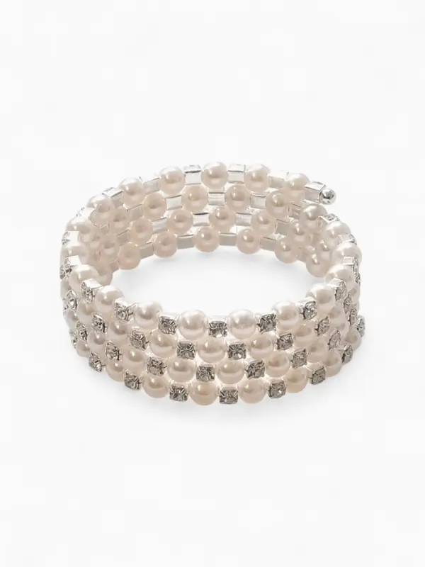 Браслет пружинка &laquo;Жемчуг. Стразы&raquo;, d=6 см, шар №6, белый в серебре