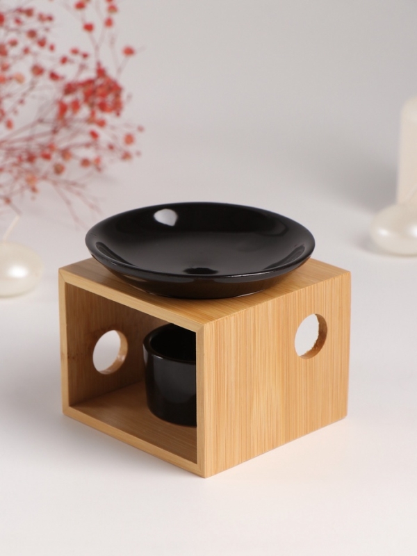 Аромалампа бамбук, керамика с подставкой под свечу "Строгие линии" чёрная 9,8х9,8х8 см