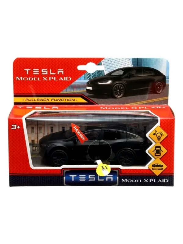 Машина металлическая Tesla Model X Plaid, 12 см, свет и звук, открываются двери, инерция, черная матовая