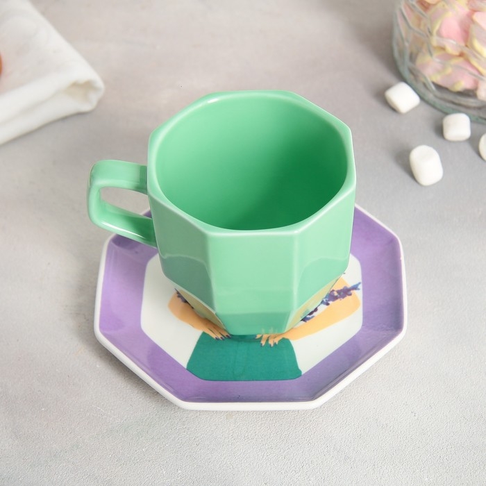 Чайная пара керамическая «Лаванда», кружка 200 мл, блюдце 13 см, цвет зелёный