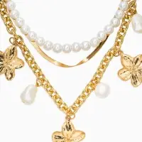Колье медь "Жемчуг с цветами" (набор 3шт), 34/36/40см цвет белый в золоте